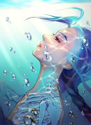 Rule 34 | 1girl, blue hair, braid, bubble, eyelashes, from side, half-closed eyes, jinx (league of legends), league of legends, lips, nose, portrait, red eyes, skeleton, solo, takenokoqvq, twin braids, underwater, x-ray