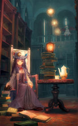 Rule 34 | 2girls, bad id, bad pixiv id, bat wings, blue hair, book, bookshelf, crescent, dress, female focus, hat, hat ribbon, holding, holding book, kettle, lantern, library, long hair, multiple girls, open mouth, patchouli knowledge, purple eyes, purple hair, red eyes, remilia scarlet, ribbon, sitting, table, too many, too many books, touhou, voile, wings, yoshitake