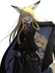 2girls animal_ears arknights behind_another black_cape blonde_hair blue_hairband cape cowboy_shot facial_scar green_eyes hair_between_eyes hairband highres long_hair mother_and_daughter multicolored_hair multiple_girls necktie orange_eyes red_necktie scar scar_on_cheek scar_on_face short_hair simple_background standing streaked_hair suzuran_(arknights) tassel vincentime vulpisfoglia_(arknights) white_background white_hair