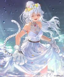 Rule 34 | 1girl, animal ears, animal hands, armlet, breasts, company name, copyright notice, dress, floating hair, flower, gloves, hair flower, hair ornament, halter dress, halterneck, ladica (shadowverse), long hair, looking at viewer, medium breasts, official art, one eye closed, open mouth, paw gloves, petals, petals on liquid, ponzu (catponz), red eyes, shadowverse, smile, solo, sparkle, standing, tail, wading, water, water drop, white hair