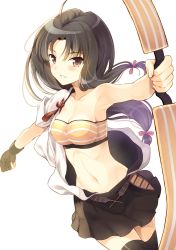 Rule 34 | 10s, 1girl, armpits, arrow (projectile), bandeau, black hair, blush, bow (weapon), breasts, brown eyes, brown hair, cleavage, gloves, hair ribbon, kantai collection, komi zumiko, large breasts, long hair, looking at viewer, miniskirt, navel, parted lips, personification, pleated skirt, ribbon, shouhou (kancolle), skirt, solo, thighhighs, weapon, yellow eyes, zettai ryouiki