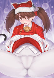Rule 34 | 10s, 1girl, absurdres, animal hat, bell, blush, brown eyes, brown hair, cat hat, christmas, clothes lift, covered navel, dress, dress lift, fang, gloves, hat, highres, kantai collection, navel, pantyhose, ryuujou (kancolle), sai (saikun), santa costume, solo, spread legs, twintails, visor cap, white gloves, white pantyhose