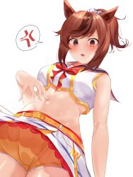 Rule 34 | 1girl, absurdres, anger vein, animal ears, belt, bike shorts, blush, breasts, brown eyes, brown hair, commentary request, crop top, hand on own stomach, highres, horse ears, horse girl, looking at viewer, medium breasts, midriff, multicolored hair, navel, navel focus, nice nature (run&amp;win) (umamusume), nice nature (umamusume), open mouth, orange shorts, sailor collar, shorts, simple background, skirt, solo, spoken anger vein, streaked hair, sweat, umamusume, white background, white skirt, yomesuket