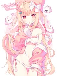 Rule 34 | 1girl, ahoge, animal ears, animal hat, animal hood, bare shoulders, blonde hair, blush, bow, bra, breasts, cat cutout, cat ear panties, cat ears, cat lingerie, cat tail, choker, cleavage cutout, closed mouth, clothing cutout, commentary request, commission, eruko (vtuber), fake animal ears, finger to mouth, frilled bra, frills, gluteal fold, groin, hair bow, hair ornament, hairclip, hand up, hat, highres, hood, hooded jacket, indie virtual youtuber, jacket, komomo (2899), long hair, long sleeves, looking at viewer, meme attire, navel, off shoulder, open clothes, open jacket, original, panties, pink jacket, puffy long sleeves, puffy sleeves, red eyes, shushing, side-tie panties, signature, skeb commission, sleeves past wrists, small breasts, solo, strap slip, tail, translation request, underwear, very long hair, white background, white bow, white bra, white panties