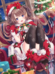 Rule 34 | 1girl, :d, ass, bell, black thighhighs, blue eyes, blurry, boots, bow, bowtie, box, braid, brown hair, capelet, choker, christmas, christmas lights, christmas tree, commentary request, crop top, curled horns, depth of field, flower, frilled skirt, frills, fur trim, garter straps, gift, gift box, gloves, hair ribbon, hat, high heel boots, high heels, highres, horns, indie virtual youtuber, indoors, jimmy madomagi, knees up, long hair, looking at viewer, midriff, miniskirt, open mouth, original, red flower, red footwear, red gloves, red hat, red shirt, ribbon, santa costume, santa hat, shirt, sitting, skirt, smile, snowflake print, solo, thighhighs, twin braids, very long hair, virtual youtuber, window