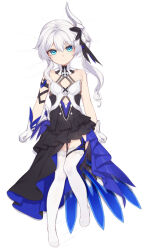 Rule 34 | 1girl, bare shoulders, black dress, blue eyes, breasts, closed mouth, clothing cutout, collarbone, commentary request, dress, full body, gloves, hair between eyes, highres, honkai (series), honkai impact 3rd, long hair, looking at viewer, lying, navel, navel cutout, no shoes, on back, small breasts, solo, tama (tamatamo), theresa apocalypse, thighhighs, white gloves, white hair, white thighhighs