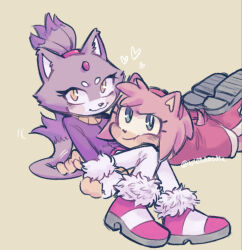 Rule 34 | 2girls, amy rose, animal ears, bl00doodle, blaze the cat, cat ears, cat girl, cat tail, dress, forehead jewel, fur-trimmed gloves, fur trim, furry, furry female, gloves, gold necklace, green eyes, heart, highres, jacket, jewelry, looking at viewer, multiple girls, necklace, pants, pink footwear, pink fur, ponytail, purple fur, purple jacket, red dress, red footwear, smile, sonic (series), tail, white gloves, white pants, yellow eyes