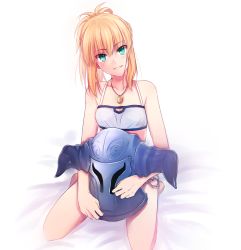 Rule 34 | 1girl, aqua eyes, bare shoulders, blonde hair, blush, collarbone, fate/apocrypha, fate (series), helm, helmet, midriff, mordred (fate), mordred (fate/apocrypha), mordred (memories at trifas) (fate), parted lips, ponytail, short hair, simple background, sitting, smile, solo, tusia