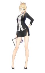 Rule 34 | 1girl, bare legs, black footwear, black jacket, black skirt, blonde hair, blouse, blue eyes, breasts, clipboard, collared shirt, formal, full body, hair bun, hand on own hip, high heels, highres, holding, jacket, legs, legs apart, long sleeves, looking at viewer, matsunami yui, medium breasts, miniskirt, office lady, pencil skirt, shirt, shoes, side slit, simple background, single hair bun, skirt, skirt suit, smile, solo, standing, star horse pocket, striped clothes, striped shirt, suit, swept bangs, tony taka, vertical-striped clothes, vertical-striped shirt, white background, white shirt