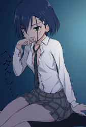 Rule 34 | 10s, 1girl, asymmetrical bangs, black socks, blue background, blue hair, blush, collared shirt, darling in the franxx, dress shirt, flat chest, gradient background, green eyes, grey skirt, hair ornament, hair over one eye, hairclip, hand on own face, hand up, ichigo (darling in the franxx), kneehighs, long sleeves, michi, miniskirt, necktie, no bra, no shoes, partially unbuttoned, plaid, plaid skirt, pleated skirt, shirt, short hair, sitting, skirt, socks, solo, striped necktie, striped neckwear, translation request, v-shaped eyebrows, wariza, wing collar