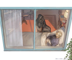 Rule 34 | 2boys, bed, blonde hair, book, bookshelf, cabinet, cane, carpet, chair, closed mouth, cup, curtains, death (entity), drugs, fingernails, hand on own face, hood, hood up, lamp, looking at another, lying, multiple boys, nishiki areku, on back, original, pillow, plant, sitting, smile, suitcase, table, translucent, window
