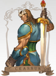 Rule 34 | 1boy, armor, breasts, brown gloves, character name, crassus, dungeons &amp; dragons: shadow over mystara, dungeons &amp; dragons, elbow pads, forehead jewel, forehead protector, gloves, highres, holding, holding sword, holding weapon, huge weapon, male focus, medium hair, morry, muscular, muscular male, nose, pauldrons, shoulder armor, solo, sword, sword behind back, vambraces, weapon