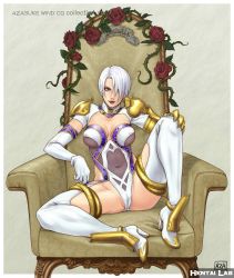 Rule 34 | 1girl, armor, azasuke, boots, breasts, cameltoe, chair, elbow gloves, covered erect nipples, flower, gauntlets, gloves, green eyes, hair over one eye, hentai lab, huge breasts, isabella valentine, leg lift, legs, leotard, lipstick, looking at viewer, makeup, midriff, navel, plant, rose, see-through, short hair, sitting, solo, soul calibur, soulcalibur iii, spread legs, thigh boots, thighhighs, vines, watermark, white hair