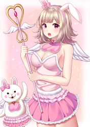 Rule 34 | 1girl, absurdres, alternate costume, animal ears, artist name, bare arms, bare shoulders, bow, breasts, cleavage, commentary request, cowboy shot, danganronpa (series), danganronpa 2: goodbye despair, ear ribbon, flipped hair, frills, gem, hair ornament, hairband, highres, holding, holding staff, jewelry, large breasts, light brown hair, magical girl, medium hair, mini wings, monomi (danganronpa), nabekokoa, nanami chiaki, open mouth, pink bow, pink shirt, pink skirt, purple eyes, rabbit ears, shirt, short wings, skirt, sleeveless, sleeveless shirt, staff, teeth, upper teeth only, white wings, wings