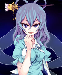 Rule 34 | 1girl, blue background, blue eyes, blue hair, breasts, dress, exis, eyelashes, female focus, gradient background, grin, hair between eyes, hair ornament, hair rings, hair stick, hand on own chin, kaku seiga, matching hair/eyes, open mouth, shawl, simple background, smile, solo, touhou, vest