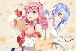 Rule 34 | 2girls, adjusting eyewear, bare shoulders, bell, blue hair, blush, book, breasts, brown eyes, character request, closed mouth, copyright request, curly hair, detached sleeves, elbow gloves, glasses, gloves, green eyes, hat, heart, holding, holding book, hyuuga azuri, large breasts, long hair, looking at another, looking at viewer, medium hair, multiple girls, open book, parted lips, pink hair, side ponytail, sleeveless, smile, very long hair, virtual youtuber, white gloves, white hat, zipper, zipper pull tab
