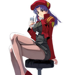 Rule 34 | 1girl, beret, black dress, blush, breasts, brown eyes, cropped jacket, cross, cross necklace, crossed legs, cup, dress, drinking glass, drinking straw, food, hat, jacket, jewelry, katsuragi misato, kouno (masao), large breasts, legs, long hair, long legs, necklace, neon genesis evangelion, open clothes, open jacket, pantyhose, pendant, purple hair, rebuild of evangelion, simple background, sitting, skirt, solo, stool, thighs, white background