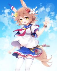 Rule 34 | + +, 1girl, :d, animal ears, bead bracelet, beads, blue sailor collar, blue skirt, blue sky, blush, bracelet, breasts, brown eyes, brown hair, cloud, cloudy sky, commentary request, daruma doll, day, flower, hair between eyes, hair flower, hair ornament, hand up, highres, horse ears, horse girl, horse tail, jewelry, looking at viewer, matikanefukukitaru (umamusume), medium breasts, milkpanda, open mouth, outdoors, pleated skirt, puffy short sleeves, puffy sleeves, sailor collar, shirt, short sleeves, skirt, sky, smile, solo, tail, teeth, thick eyebrows, thighhighs, umamusume, upper teeth only, white shirt, white thighhighs, yellow flower