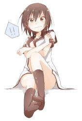 Rule 34 | !, !!, bafarin, black socks, blouse, blush, bottomless, breasts, brown eyes, brown hair, brown sailor collar, closed mouth, commentary request, covering privates, covering breasts, crossed arms, full body, funami yui, hair between eyes, highres, kneehighs, looking at viewer, medium breasts, nanamori school uniform, no shoes, open clothes, open shirt, partially undressed, sailor collar, school uniform, serafuku, shirt, short hair, simple background, sitting, socks, solo, spoken exclamation mark, sweatdrop, v-shaped eyebrows, white background, white shirt, yuru yuri