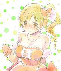 Rule 34 | 10s, 1girl, alternate costume, alternate hairstyle, arm behind back, bare shoulders, blonde hair, blush, bow, breasts, cleavage, dress, drill hair, embarrassed, face, gloves, hair bow, hair ornament, hair ribbon, idol, jewelry, large breasts, long hair, mahou shoujo madoka magica, mahou shoujo madoka magica (anime), necklace, nori senbei, orange dress, orange eyes, polka dot, polka dot background, red ribbon, ribbon, side ponytail, sketch, solo, tomoe mami