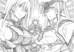 Rule 34 | absurdres, bismarck (kancolle), breasts, detached sleeves, graf zeppelin (kancolle), greyscale, hat, highres, kantai collection, kojima takeshi, large breasts, long hair, looking at viewer, military, military hat, military uniform, monochrome, multiple girls, open mouth, peaked cap, prinz eugen (kancolle), ro-500 (kancolle), short hair, traditional media, uniform, z1 leberecht maass (kancolle), z3 max schultz (kancolle)