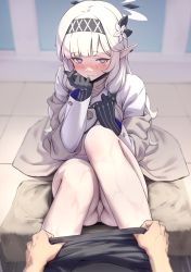 Rule 34 | 1boy, 1girl, black gloves, blue archive, blush, flower, gloves, hair flower, hair ornament, hairband, halo, highres, himari (blue archive), mole, mole under eye, nameco (nameco h), panties, pantyhose, pointy ears, pov, removing legwear, sitting, sweat, underwear, undressing, undressing another, white hair, white panties