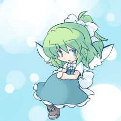 Rule 34 | 1girl, 216, 216 frmk, :d, ascot, blue background, blue dress, blush, bow, chibi, daiyousei, dress, eyebrows, fairy wings, frilled dress, frills, full body, green eyes, green hair, hair bow, half updo, light particles, looking at viewer, matching hair/eyes, open mouth, shoes, short hair, side ponytail, simple background, smile, solo, touhou, wings