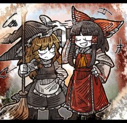 Rule 34 | &gt;:(, +++, 2girls, apron, ascot, black bow, black footwear, black hair, black hat, black skirt, black vest, blush stickers, bow, braid, broom, colored skin, detached sleeves, frown, grin, hair bow, hair ribbon, hair tubes, hakurei reimu, hand on another&#039;s head, hand on own hip, hat, hatching (texture), height conscious, height difference, high heels, holding, holding broom, kirisame marisa, letterboxed, linear hatching, long hair, long sleeves, multiple girls, red bow, ribbon, shoes, side braid, sidelocks, single braid, skirt, smile, squiggle, suenari (peace), touhou, tress ribbon, v-shaped eyebrows, vest, waist apron, white apron, white skin, wide sleeves, witch hat