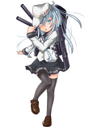 Rule 34 | 10s, 1girl, adjusting clothes, adjusting headwear, bad id, bad pixiv id, black thighhighs, blue eyes, hammer and sickle, hat, hibiki (kancolle), highres, kantai collection, kuro kosyou, long hair, looking at viewer, open mouth, personification, school uniform, serafuku, silver hair, skirt, solo, star (symbol), thighhighs, verniy (kancolle), zettai ryouiki