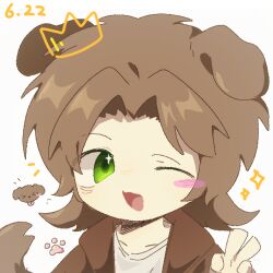 Rule 34 | 1boy, ;d, animal ears, blush stickers, brown hair, brown jacket, chinese commentary, commentary request, dated, dog boy, dog ears, dog tail, drawn crown, green eyes, jacket, lemon04, male focus, medium hair, one eye closed, open clothes, open jacket, open mouth, parted bangs, saibou shinkyoku, shinano eiji, shirt, simple background, single blush sticker, smile, solo, sparkle, sparkling eyes, tail, v, white background, white shirt