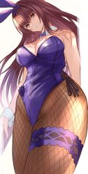 Rule 34 | 1girl, absurdres, animal ears, blush, breasts, cleavage, detached collar, fake animal ears, fate/grand order, fate (series), fishnet pantyhose, fishnets, hair between eyes, highleg, highleg leotard, highres, large breasts, leotard, long hair, looking at viewer, official alternate costume, pantyhose, playboy bunny, purple hair, purple leotard, rabbit ears, red eyes, scathach (fate), scathach (piercing bunny) (fate), simple background, thighs, white background, wrist cuffs, yatsuka (846)