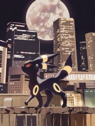 Rule 34 | animal focus, black eyes, building, city, city lights, colored sclera, commentary request, creatures (company), from side, full body, full moon, game freak, gen 2 pokemon, highres, kuchiba (jret2454), moon, night, nintendo, no humans, outdoors, pokemon, pokemon (creature), railing, red sclera, rust, signature, skyscraper, tail raised, umbreon, walking