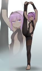 Rule 34 | 1girl, armpits, arms up, bare shoulders, black bodysuit, blush, bodysuit, breasts, closed mouth, dark-skinned female, dark skin, eyes visible through hair, fate/prototype, fate/prototype: fragments of blue and silver, fate (series), hair over one eye, hassan of serenity (fate), highres, i.u.y, leg up, looking at viewer, navel, no shoes, purple eyes, purple hair, small breasts, smile, solo, split, standing, standing on one leg, standing split, stirrup legwear, toeless legwear, zoom layer