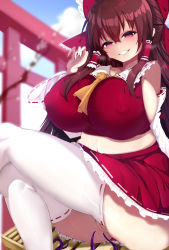 Rule 34 | 1girl, absurdres, ascot, ass, black hair, bow, box, breasts, brown hair, collar, corruption, detached sleeves, donation box, hair bow, hair tubes, hakurei reimu, highres, huge ass, huge breasts, large breasts, long hair, nontraditional miko, pussy, red eyes, red shirt, red skirt, shirt, sidelocks, sitting, skirt, skirt set, sleeveless, smile, solo, tentacles, thick thighs, thighhighs, thighs, touhou, user gzus8432, white collar, white thighhighs, yellow ascot