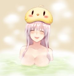 Rule 34 | 1girl, ^ ^, ahoge, animal, animal on head, arms at sides, azur lane, bathing, bird, blush, breasts, chick, closed eyes, collarbone, enterprise (azur lane), facing viewer, highres, large breasts, on head, open mouth, sidelocks, silver hair, smile, solo, steam, sukemyon