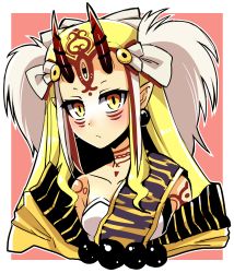 Rule 34 | 1girl, bare shoulders, blonde hair, blush, breasts, closed mouth, commentary request, dot nose, earrings, facial mark, fate/grand order, fate (series), hair ornament, highres, horns, ibaraki douji (fate), japanese clothes, jewelry, long hair, looking at viewer, multicolored hair, off shoulder, pink background, pointy ears, simple background, small breasts, solo, streaked hair, tanakara, third eye, yellow eyes