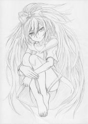 Rule 34 | 1girl, absurdres, asatsuki (fgfff), bare legs, barefoot, bow, bracelet, closed mouth, collarbone, expressionless, fetal position, greyscale, hair bow, highres, hood, hoodie, jewelry, long hair, monochrome, short sleeves, simple background, touhou, traditional media, very long hair, yorigami shion