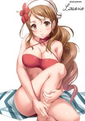Rule 34 | 10s, 1girl, :o, alternate costume, artist name, bare arms, bare legs, bare shoulders, bikini, blush, breasts, brown eyes, brown hair, character name, choker, cleavage, collarbone, criss-cross halter, cursive, fingernails, flower, hair flower, hair ornament, halterneck, hat, hibiscus, kantai collection, knee up, large breasts, littorio (kancolle), long hair, looking at viewer, medium breasts, parted lips, red bikini, sakiyamama, signature, simple background, sitting, solo, swimsuit, teeth, twitter username, white background, white hat