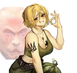 Rule 34 | 1girl, blonde hair, breast tattoo, breasts, brown eyes, coat of arms, cross, cross necklace, cross tattoo, crying, fang, food, fruit, green pants, green tank top, jewelry, large breasts, leather belt, looking at viewer, marichka, military, military uniform, necklace, ok sign, original, pants, putin, smile, sports bra, tank top, tattoo, arm tattoo, uniform, usergore, watermelon