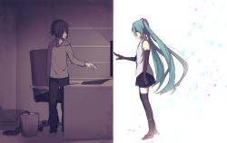Rule 34 | 1boy, 1girl, aqua hair, black hair, black thighhighs, chair, computer, desk, elbow gloves, gloves, hand up, hatsune miku, indoors, keyboard, light particles, long hair, looking back, monitor, no eyes, office chair, partially colored, shitoo, short hair, standing, swivel chair, thighhighs, trash can, twintails, vocaloid