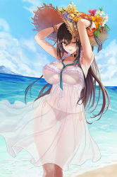 Rule 34 | 1girl, armpits, arms up, bangle, bare arms, bare legs, bare shoulders, beach, between breasts, bikini, black choker, blue sky, bracelet, breasts, brown hair, choker, cloud, cloudy sky, commentary, cowboy shot, day, dress, dutch angle, etidekailo, eyelashes, flower, flower request, frilled dress, frilled straps, frills, front-tie bikini top, front-tie top, gluteal fold, green necktie, groin, hair between eyes, halter dress, halterneck, hat, hat flower, horizon, huge breasts, idolmaster, idolmaster shiny colors, jewelry, long hair, looking at viewer, midriff, navel, necktie, necktie between breasts, ocean, one eye closed, open mouth, outdoors, pleated dress, red bikini, sand, see-through, see-through dress, shirase sakuya, side-tie bikini bottom, sidelocks, skindentation, sky, sleeveless, sleeveless dress, smile, solo, standing, stomach, straw hat, summer, sun hat, sundress, swimsuit, thigh gap, underboob, water, water drop, wet, white dress, wind, yellow eyes
