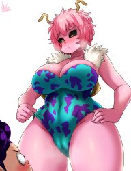 Rule 34 | 1boy, 1girl, :o, absurdres, adapted costume, adjusting clothes, aqua leotard, ashido mina, black sclera, blush, boku no hero academia, breasts, cleavage, cleft of venus, colored sclera, colored skin, curvy, fur trim, height difference, highres, horns, jmg, large breasts, leotard, messy hair, mineta minoru, multicolored leotard, pink hair, pink skin, purple hair, short hair, thick thighs, thighs, wide hips, yellow eyes, yellow horns