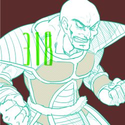 Rule 34 | 1boy, armor, bald, clenched hands, dragon ball, dragonball z, facial hair, fighting stance, frown, fukuko fuku, looking away, male focus, mustache, nappa, red background, serious, simple background, solo, tail