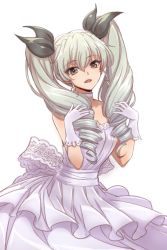 Rule 34 | 10s, 1girl, anchovy (girls und panzer), black ribbon, bow, choker, commentary request, cowboy shot, dress, drill hair, formal, girls und panzer, gloves, green hair, hair ribbon, hand in own hair, lace-trim, lace-trimmed choker, lace trim, large bow, long dress, long hair, looking at viewer, open mouth, red eyes, ribbon, shinmai (kyata), simple background, smile, solo, standing, twin drills, twintails, white background, white choker, white dress, white gloves