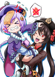 Rule 34 | &gt; &lt;, 2girls, ;d, absurdres, anger vein, atawatsho, bead necklace, beads, black hair, braid, carrying, carrying person, child carry, clenched teeth, coin hair ornament, commentary, eyes visible through hair, genshin impact, hair ornament, hat, highres, hu tao (genshin impact), hugging own legs, jewelry, jiangshi, long hair, long sleeves, looking at another, looking away, low ponytail, multiple girls, necklace, ofuda, one eye closed, open mouth, purple hair, pushing away, pushing face, qingdai guanmao, qiqi (genshin impact), red eyes, sidelocks, simple background, single braid, size difference, smile, spoken object, star-shaped pupils, star (symbol), symbol-shaped pupils, teeth, trembling, twintails, white background