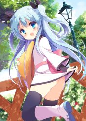 Rule 34 | 10s, 1girl, ass, black thighhighs, blue eyes, blue hair, blush, boots, clothes lift, dan ball, dress, dress lift, from behind, hat, unworn headwear, long hair, looking back, matching hair/eyes, no panties, noel (sora no method), open mouth, outdoors, ribbon, short dress, smile, solo, sora no method, standing, standing on one leg, thighhighs, twintails, two side up