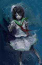 Rule 34 | 1girl, black hair, blue eyes, boots, expressionless, faux traditional media, glowing, glowing eyes, hat, hiepita (1014), highres, knee boots, looking at viewer, murasa minamitsu, neckerchief, sailor hat, shirt, short hair, skirt, solo, touhou, underwater