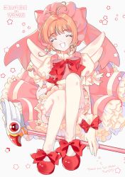 Rule 34 | 1girl, absurdres, artist name, bow, cardcaptor sakura, commentary request, closed eyes, footwear bow, frills, full body, fuuin no tsue, highres, kinomoto sakura, knees up, open mouth, pink headwear, pink ribbon, red bow, red footwear, ribbon, sitting, smile, solo, star (symbol), thighhighs, white thighhighs, yalmyu
