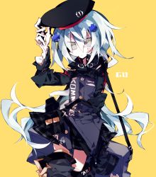 Rule 34 | 1girl, bad id, bad pixiv id, bag, beret, black hat, black thighhighs, brown eyes, character name, commentary request, cowboy shot, cross, duffel bag, g11 (girls&#039; frontline), german flag, girls&#039; frontline, gloves, hair between eyes, hair ornament, hand on headwear, hand up, hat, high collar, highres, iron cross, jacket, long hair, meto (metrin), multicolored clothes, multicolored jacket, plaid, plaid skirt, pouch, skirt, solo, thighhighs, very long hair, white gloves, white hair, yellow background