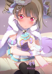 Rule 34 | 1girl, alternate hairstyle, birthday, black thighhighs, blush, grabbing another&#039;s breast, breasts, cape, commentary request, drill hair, gloves, grabbing, grey hair, guided breast grab, guiding hand, hair ornament, kitahara tomoe (kitahara koubou), looking at viewer, love live!, love live! nijigasaki high school idol club, nakasu kasumi, pout, red eyes, short hair, single sidelock, small breasts, solo, thighhighs, twintails, twitter username, white gloves